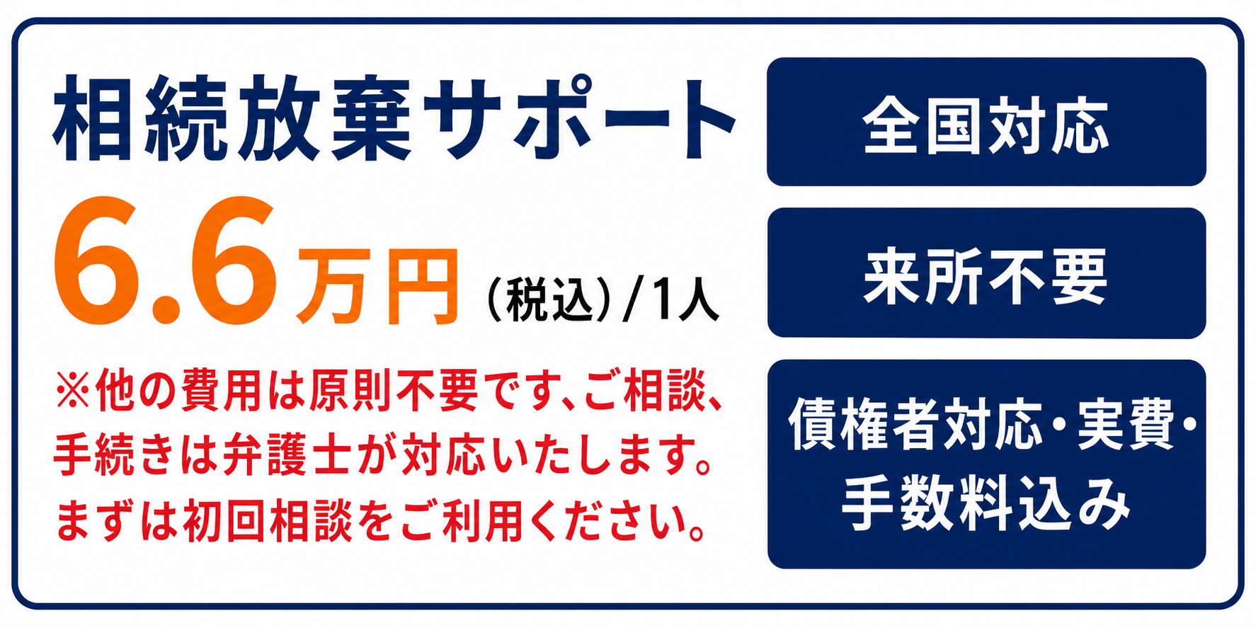 相続放棄サポート 6.6万円（税込）/1人。全国対応・来所不要・債権者対応・実費・手数料込み