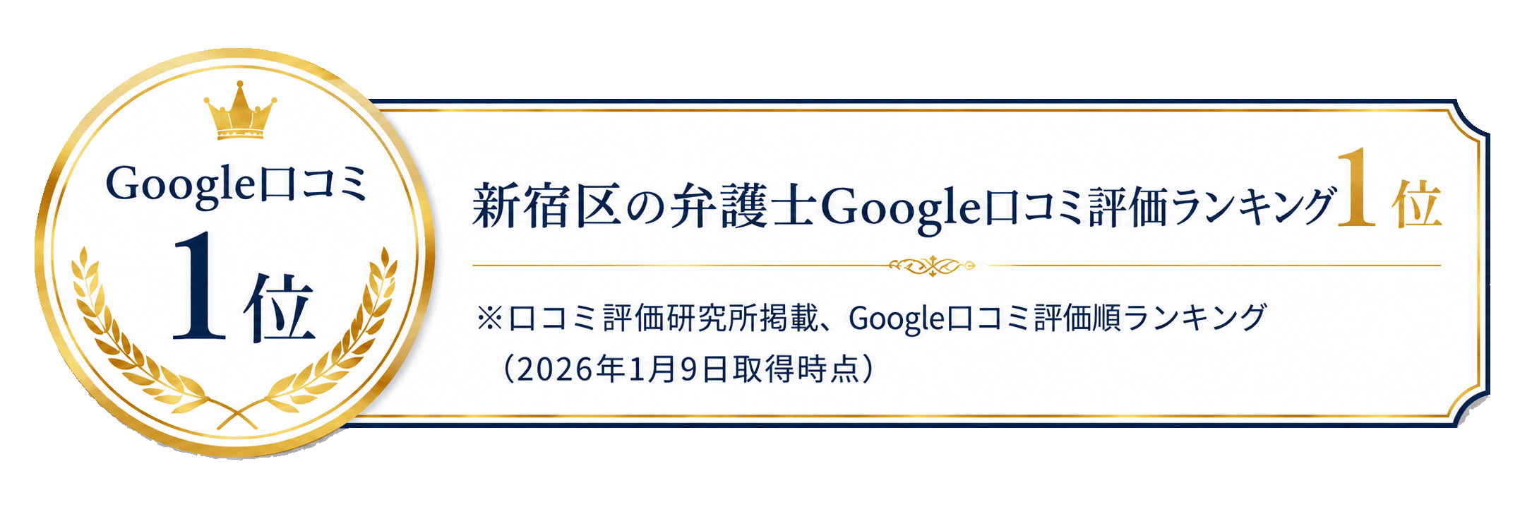 新宿区の弁護士Google口コミ評価ランキング1位（口コミ評価研究所調べ、Google口コミ評価順ランキング 2026年1月9日取得時点）